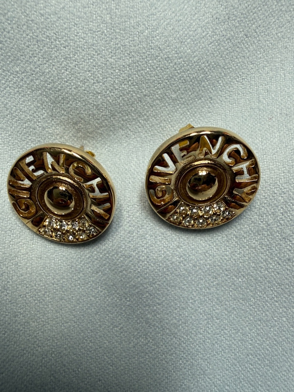 Vintage Givenchy Gold Tone Logo Disc Earrings with Crystal Accent